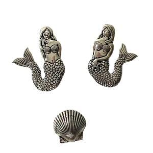 Pewter Mermaids and Scallop Seashell Magnets Set of 3 NEW